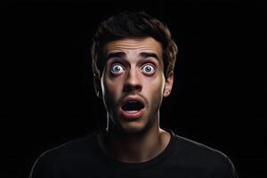 AI generated Surprised young adult Caucasian man on black background. Neural network generated photorealistic image. photo