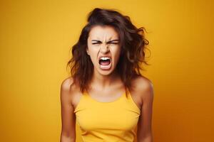 Angry young adult Caucasian woman yelling on yellow background. Neural network generated photorealistic image. photo