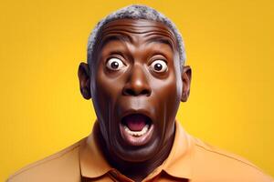 AI generated Surprised gray-haired African American man on yellow background. Neural network generated photorealistic image. photo