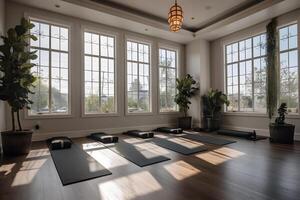 AI generated Yoga room with natural light from large windows, neural network generated photorealistic image photo