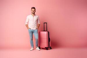 AI generated young adult Caucasian male with suitcase on pink background, neural network generated photorealistic image photo