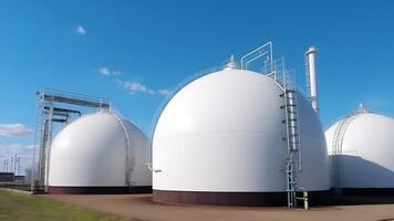 AI generated white spherical tanks for storing hydrogen gas at outdoor storage facility, neural network generated image photo