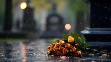 AI generated rainy funeral with yellow flowers bouqet with bokeh, neural network generated photorealistic image photo