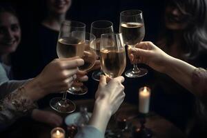 AI generated Many cheering caucasian women hands with champagne glasses on dark background, neural network generated image photo