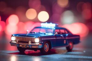 AI generated small model of old fashioned blue police car, neural network generated art photo