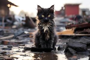 AI generated alone, soaking wet, dirty and hungry domestic kitten after disaster on the background of ruined house, neural network generated photorealistic image photo