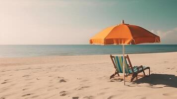 AI generated Beach umbrella with chair on the sand beach, neural network generated art photo