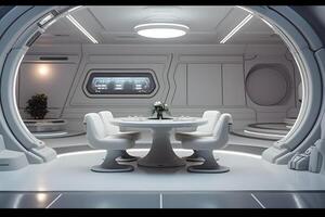 AI generated futuristic white moon base dining room interior, neural network generated image photo