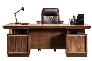 AI generated Heavy wooden executive desk with armchair isolated on white background, neural network generated image photo