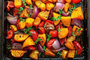 AI generated Roasted colorful autumn vegetables. photo