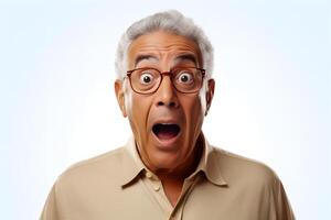 Surprised senior Latin American man on white background. Neural network generated photorealistic image. photo