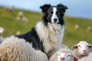 ai generado frontera collie oveja perro trabajando un rebaño de oveja foto