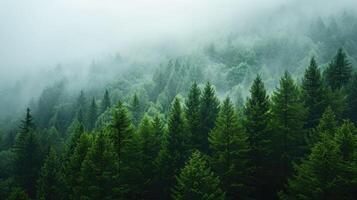 AI generated Misty pine forest on the mountain slope in a nature reserve. photo