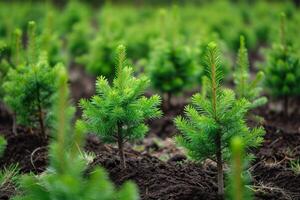 AI generated Spruce trees nursery or plantation, growing a young forest. photo