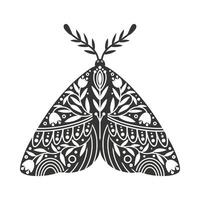 polilla icono con ornamento de flores y hojas. Clásico silueta de negro y blanco místico polilla o mariposa. volador celestial insecto, vector ilustración