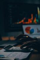 Thoughtful focused successful caucasian male stock investor, broker, financial adviser, sits at work desk, looks at computer, pensively analyze risks and prospects, rise or fall of cryptocurrency coin photo