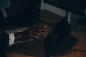 Thoughtful focused successful caucasian male stock investor, broker, financial adviser, sits at work desk, looks at computer, pensively analyze risks and prospects, rise or fall of cryptocurrency coin photo