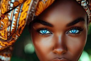 ai generado retrato de hermosa africano mujer con turbante y azul ojos foto