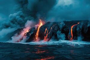 ai generado activo lava fluir volcánico erupción magma conmovedor el Oceano foto