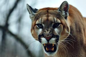 ai generado rugido Puma o montaña león caza sus presa foto