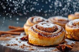 AI generated Homemade puff pastry cinnamon rolls and icing sugar. photo