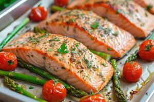 AI generated Baked salmon garnished with asparagus and tomatoes with herbs. photo