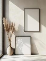 AI generated Blank picture frame mockup on wall in modern interior. Artwork template mock up in interior design with trendy vase. photo