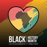 Social media post design of Black History Month also known as African American History Month. Design contains red, yellow, green color brush background and love heart shape with African continent. vector