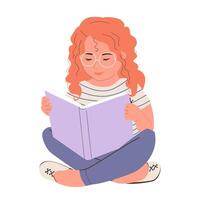rojo con membrete pequeño niña sentado y leyendo libro ilustración. vector