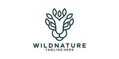 logo design combining the shape of a lion's head with plants, minimalist line logo design. vector