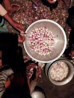 a group of people sitting around a bowl of onions photo