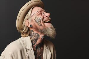 AI generated Portrait of a man with tattoos on his face in light clothes and glasses and a hat on a black background photo