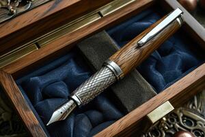 AI generated stylish fountain pen with a stylish box on the table photo