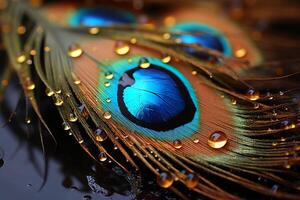 AI generated Close-up of a peacock feather with water droplets photo