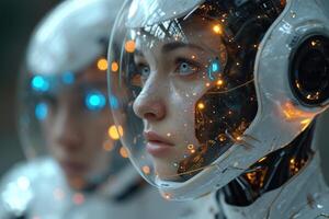AI generated The girl in the space helmet of the future. Robotization photo
