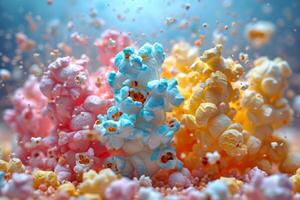 AI generated Close-up Of a flying colored Popcorn On a colored background Background photo