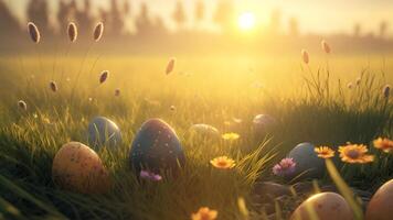 AI generated easter eggs scattered on green meadow at sunrise, neural network generated art photo
