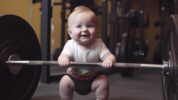 AI generated ittle smiling caucasian strong baby boy lifts a 400 kg barbell, neural network generated image photo