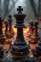 AI generated stylish black chess stands on a chessboard and a fire is burning around. Gloomy environment photo