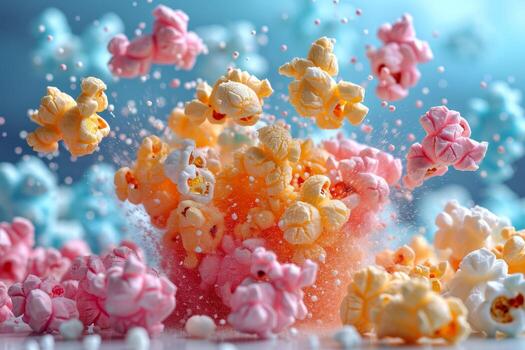AI generated Close-up Of a flying colored Popcorn On a colored background Background photo