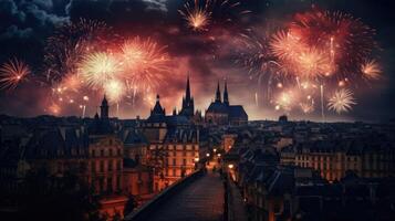 AI generated Beautiful night fireworks over the city. Festive fireworks over the night city photo