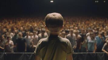 AI generated Small child gives a speech on stage in front of thousands people crowd, view from behind, neural network generated picture photo