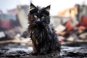 AI generated alone, soaking wet, dirty and hungry domestic kitten after disaster on the background of ruined house, neural network generated photorealistic image photo