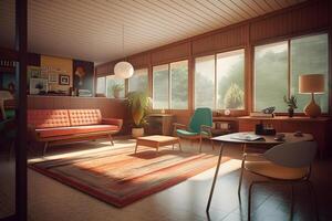 AI generated photorealistic mid century interior with sunlight from windows at summer day, neural network generated photorealistic image photo