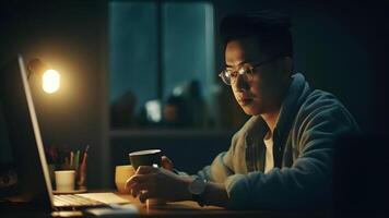 AI generated young adult asian man sitting in front of laptop computer at the table at night with cup of coffee in home office, neural network generated image photo