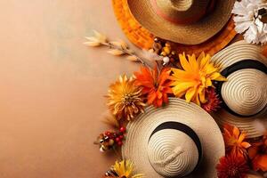 AI generated Holiday theme. Straw hats and flower garlands background, neural network generated image photo