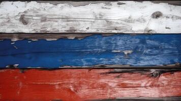 AI generated Russian flag colored barn wall, decayed old flaking paint on rotten wood surface, neural network generated image photo