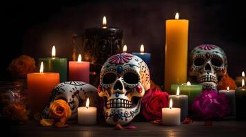 AI generated ornate white sculls with candles and flowers for Dia de los muertos or day of the dead celebration, neural network generated image photo
