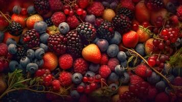 AI generated Berry mix photorealistic colorful full-frame closeup high angle view background, neural network generated image photo