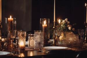 AI generated Stylish wedding table decorated with candles and flowers, neural network generated image photo